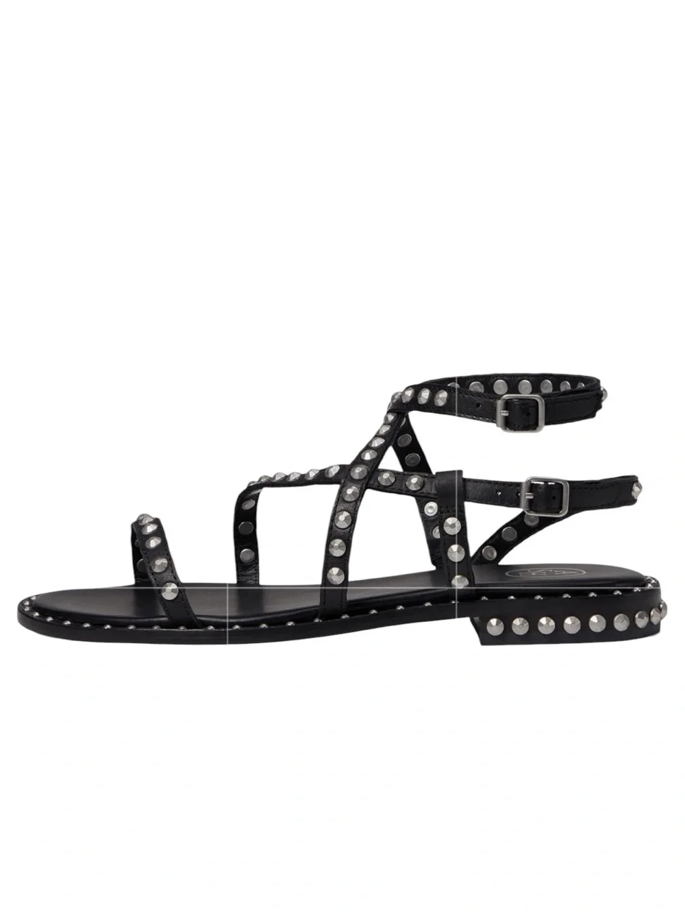 ASH Petra Silver Studded Buttery Black Leather Strappy Flat Sandal Size EU 39